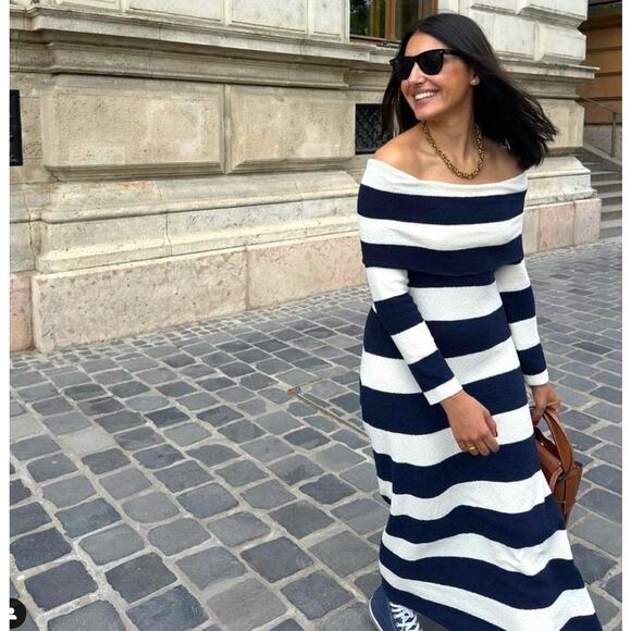 ZARA Striped Knit Off Shoulder Midi Dress NWT Size M - Picture 7 of 16